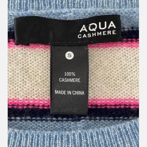 AQUA Cashmere High Low Crewneck 100% Cashmere Sweater Striped Blue Pink (Small) - Picture 2 of 6